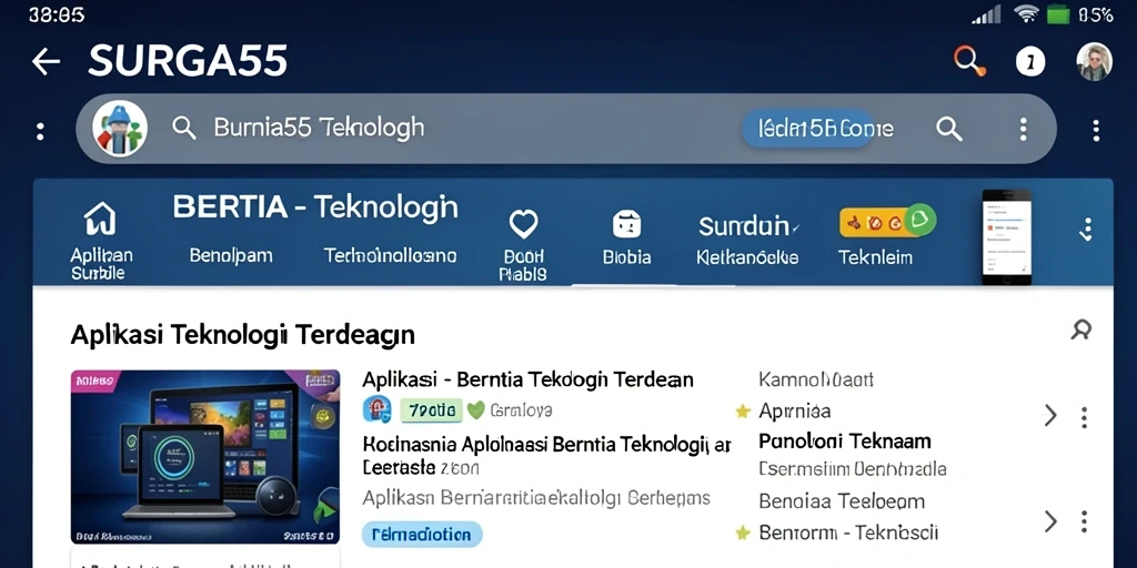 Antarmuka aplikasi SURGA55 dengan fitur berita teknologi terbaru.